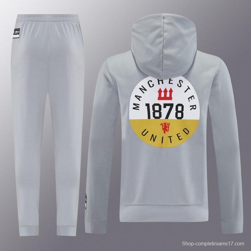 25/26 Manchester United Hooide Grey Full Zipper Jacket + Long Pants