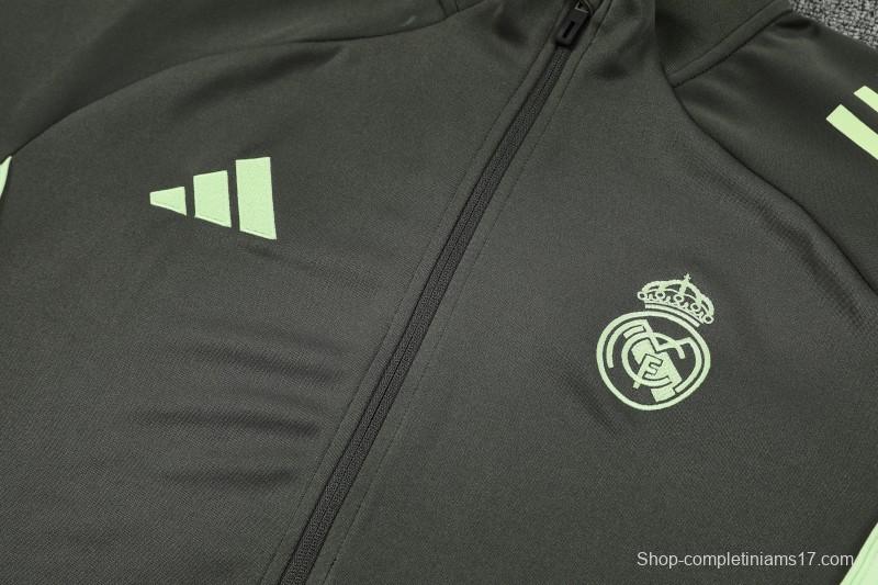 25/26 Real Madrid Dark Grey with Neon Green Stripes Half Zipper Jacket Tracksuit +Long Pants