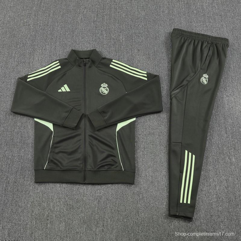 25/26 Real Madrid Dark Grey with Neon Green Stripes Half Zipper Jacket Tracksuit +Long Pants