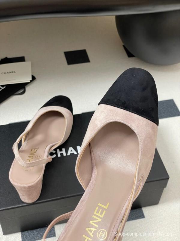 Chanel Sling-back Two-tone Suede Slingback Sandals Flat/Block Heel - KFY00280