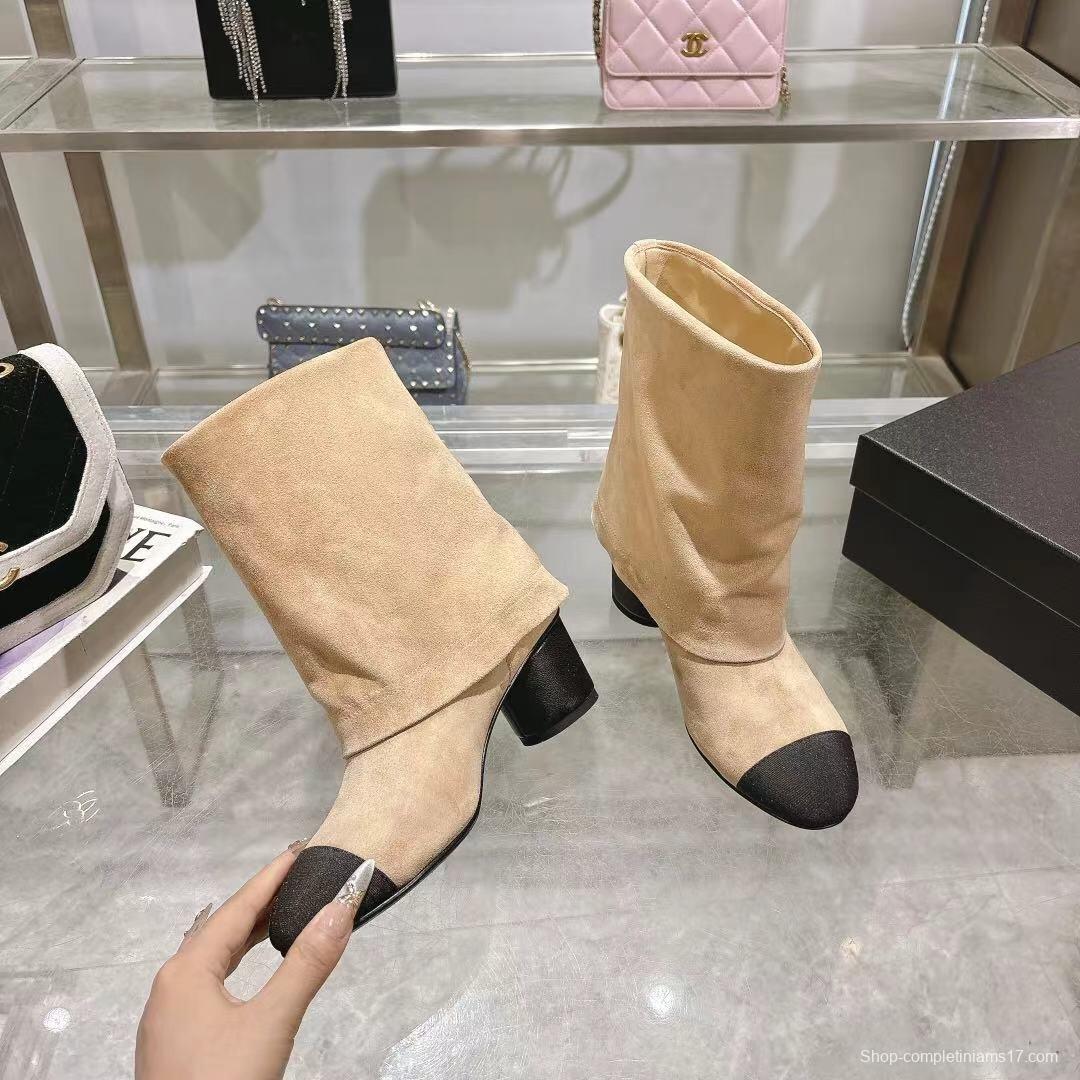 Chanel 2025/SS Coco Runway Turn-Cuff Chunky Heel Straight Tube Boots Classic Color Block - LY00400