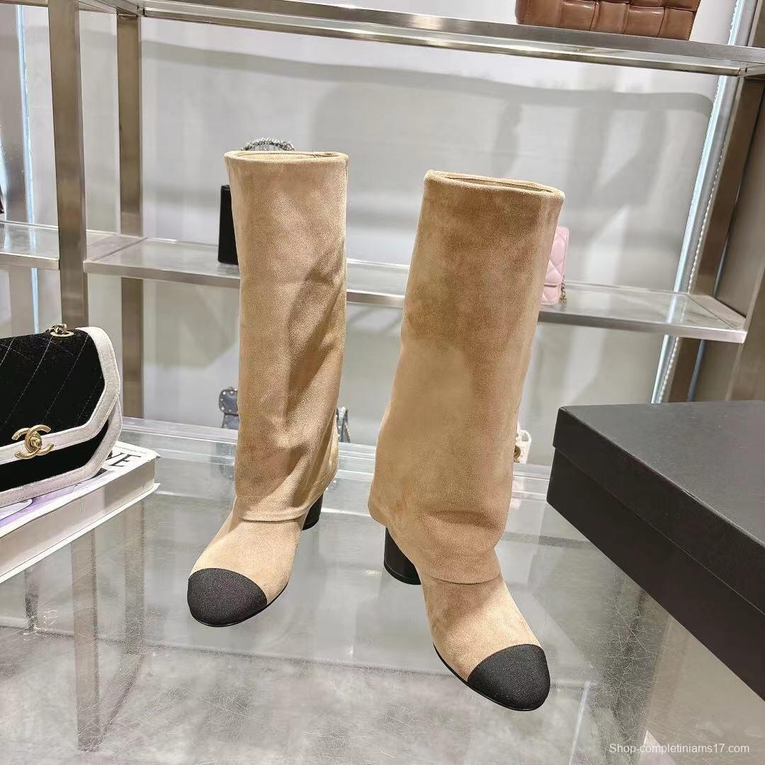 Chanel 2025/SS Small Fragrance Autumn Winter Runway Turned-Cuff Block Heel Straight Tube Boots Classic Color Block - LY00510