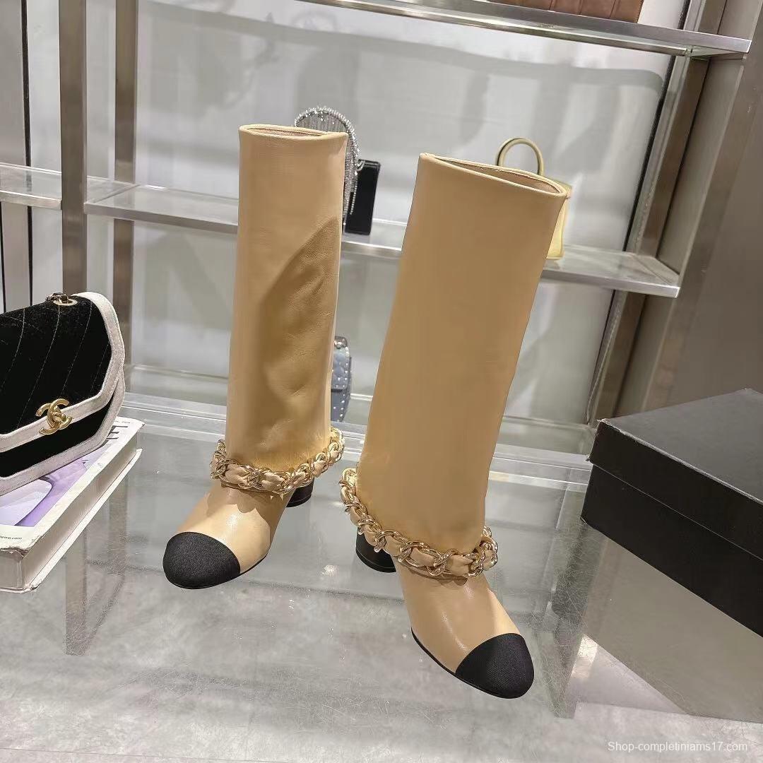 Chanel 2025/SS Autumn/Winter Runway Turned-Cuff Large Chain Block Heel Boots - LY00510