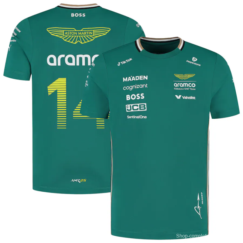2025 F1 Aston Martin Aramco F1 Team Dark Green with Gold Trim Jersey #14  Aramco