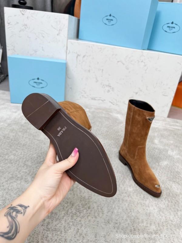 Prada Classic Triangle Logo Pointed Toe Boots - LY00350