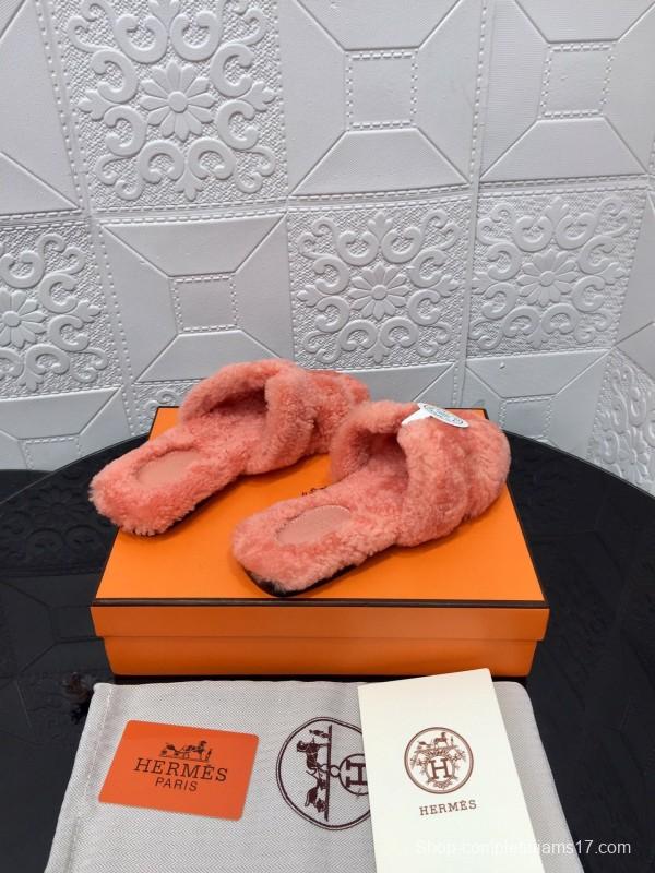 H Teddy Wool H Slippers Flat Sole Winter Home Shoes - LY00240