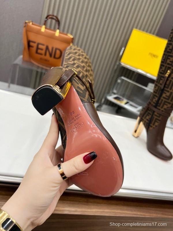 FENDI Delfina Round Toe Boots with FF Buckle and Heel Detailing - LY00