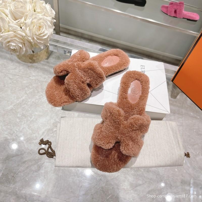 H Teddy Wool Flat Slippers for Autumn/Winter - LY00240