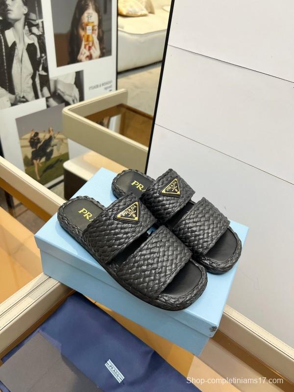 Prada 2025 SS Raffia Handwoven Open-Toe Sandals - KFY00260