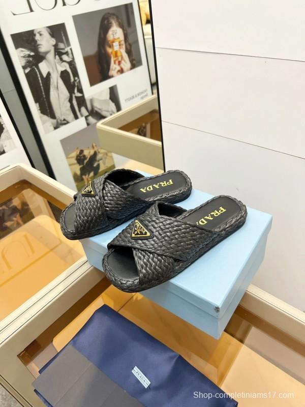 Prada 2025 SS Raffia Handwoven Cross Strap Sandals - KFY00260