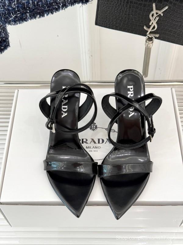 Prada 2025 SS Triangular Buckle Pointed Toe High Heel Sandals - KFY00280