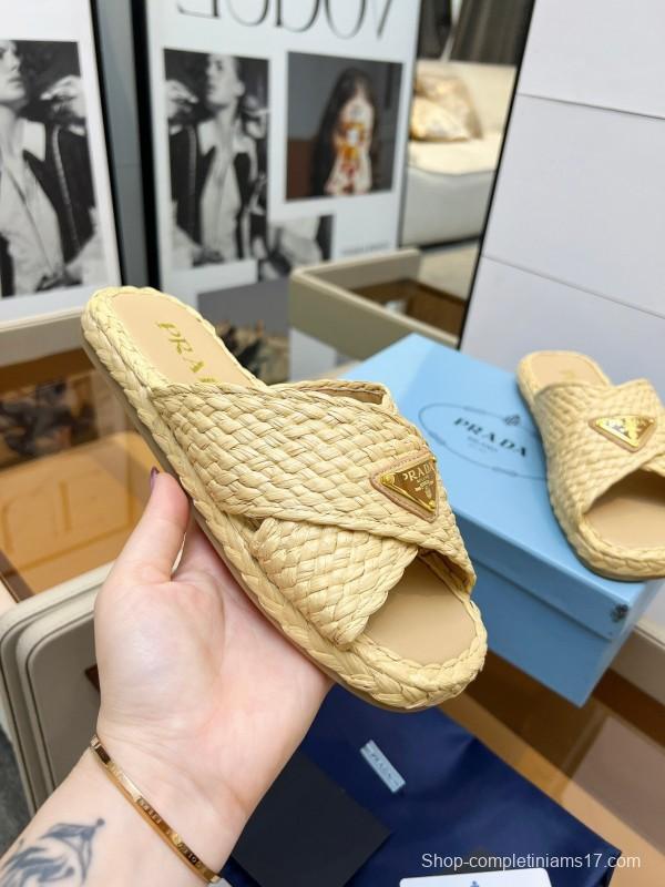 Prada Raffia Handwoven Cross Sandals 2025SS - KFY00260