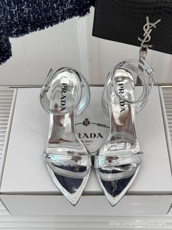 Prada 2025 SS Pointed Toe High Heel Sandals with Triangle Buckle - KFY00280