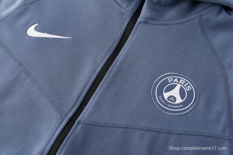 26/27  Paris Saint-Germain Steel Blue Full Zipper Hooded Jacket Tracksuit + Long Pants