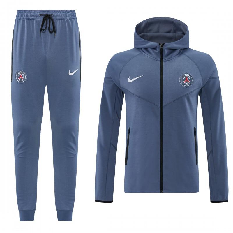 26/27  Paris Saint-Germain Steel Blue Full Zipper Hooded Jacket Tracksuit + Long Pants
