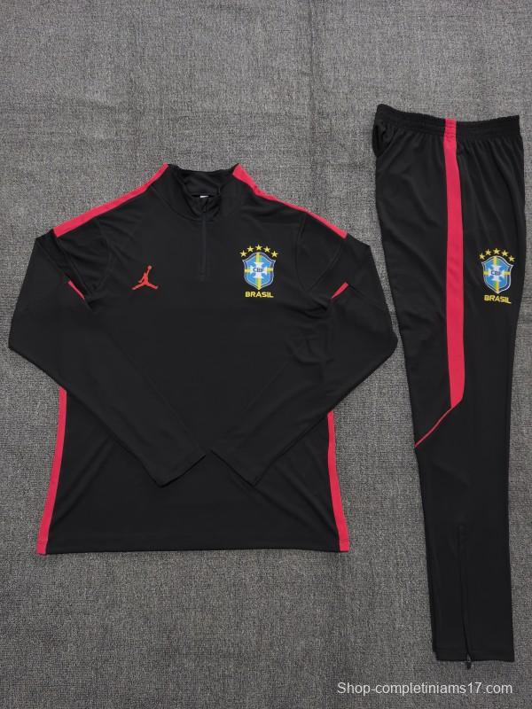 26/27 Kids Brazil Black & Red Half Zipper Jacket Tracksuit + Long Pants