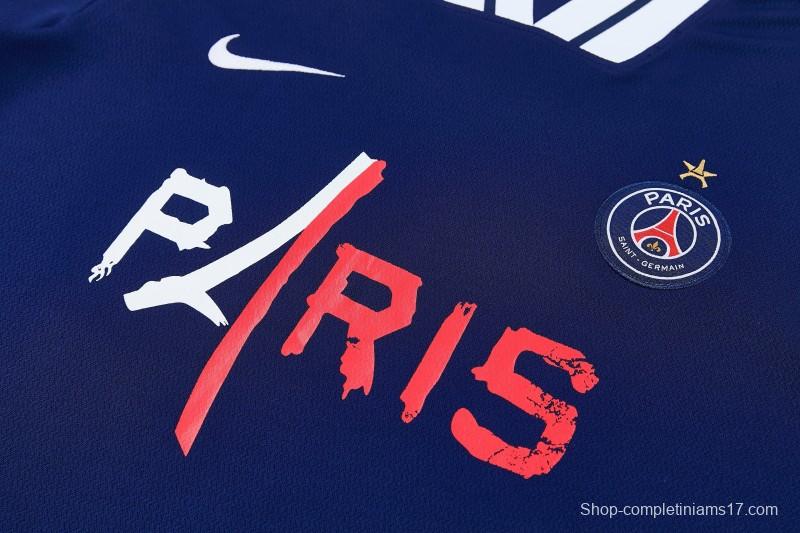 26/27 Paris Saint-Germain Navy Blue with "PARIS" Eiffel Tower Short Sleeve Tracksuit + Long Pants