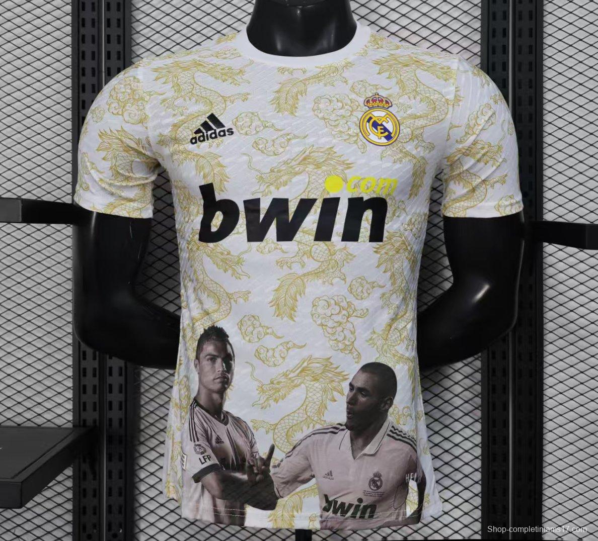 Player Version 25/26 Real Madrid White with Golden Dragon Pattern Jersey