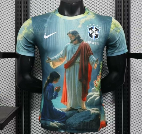 Player Version 2025 Brazil Light Blue with Jesus Christ Religious Artwork Jersey