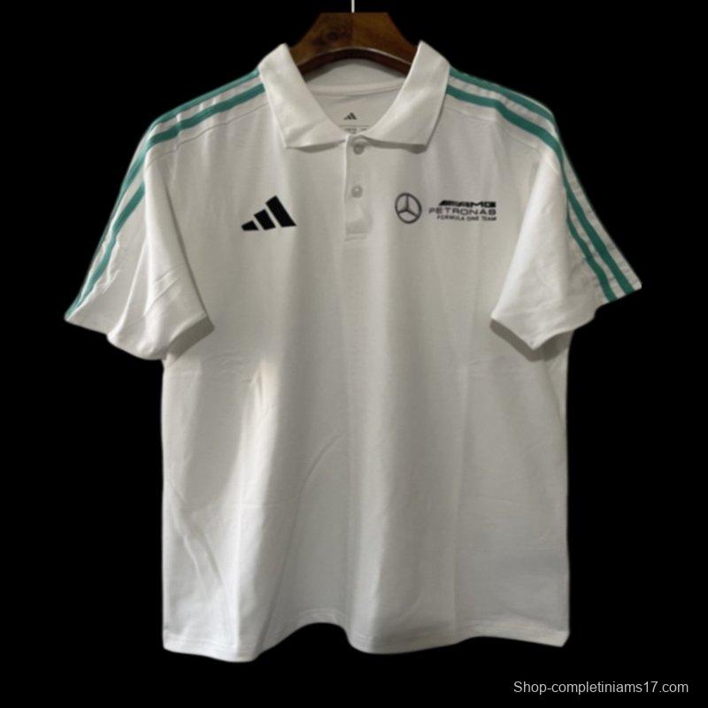 2025 F1 Mercedes-AMG Petronas Formula One Team White with Turquoise Three Stripes Polo Shirt