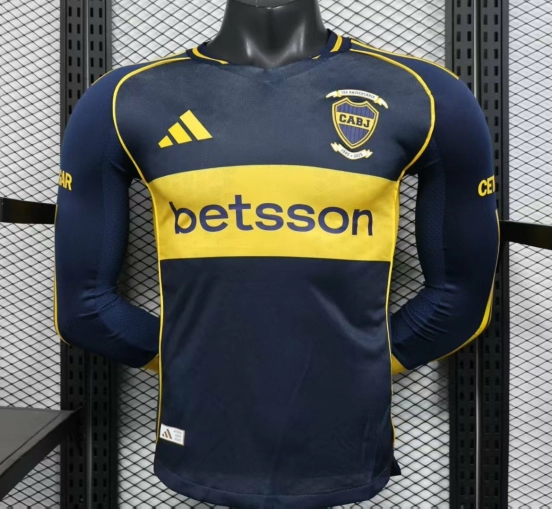 25/26 Player Version Boca Juniors Home Navy Blue with Yellow Chest Band Long Sleeve Jersey