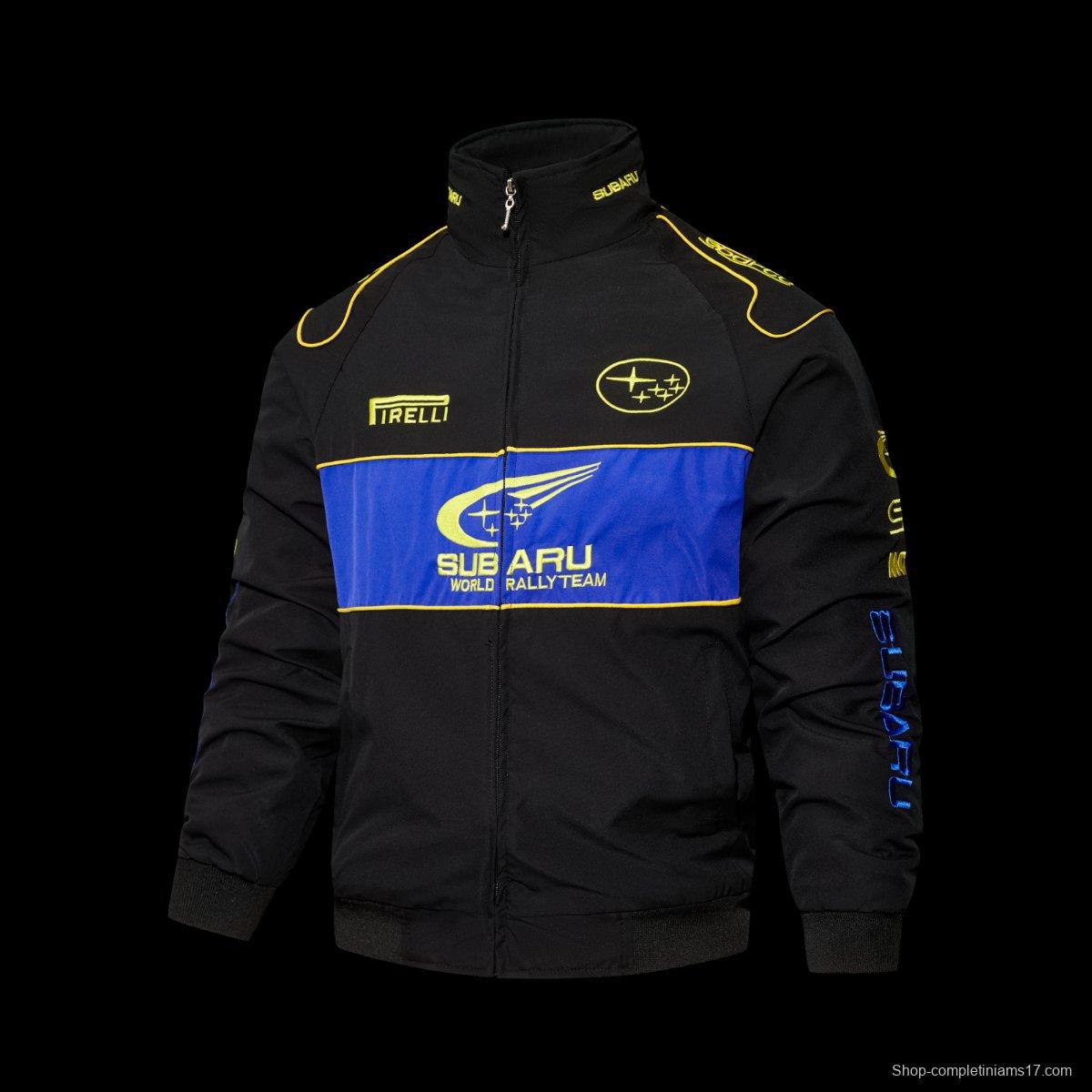 2026 F1 Subaru World Rally Team Black and Blue Racing Jacket with Yellow Trim and Pirelli Logo