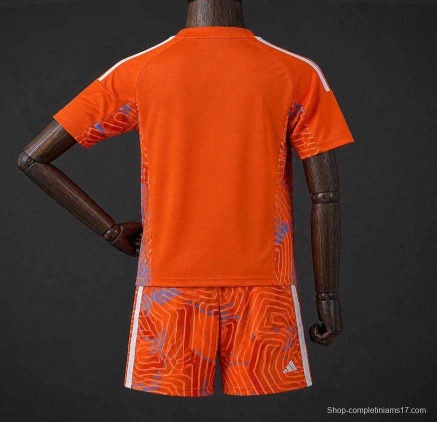 26/27 Kids Juventus Orange with Abstract Maze Pattern Goalkeeper Jersey Set